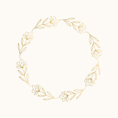 Floral golden wreath with hand drawn design elements. Vector illustration.