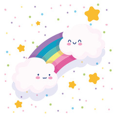 rainbow clouds stars dotted white background cartoon decoration
