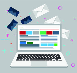 Email, letter. Sending, receiving mail messages in inbox, advertising mailing.