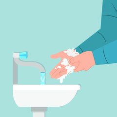 Hands under falling water out of tap. Man washes hands. Flat style.To wash hands.