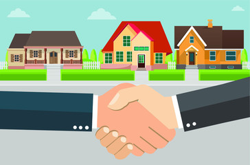 Selling or buying a house. House project, real estate concept, flat style illustration.Handshake.