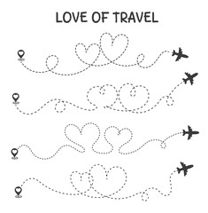 Love to travel The plane travel route is the heart of a romantic lover.