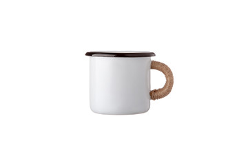 Metal travel mug with thermal insulation on the handle. Convenient unbreakable cup for hot and cold drinks isolate on a white back