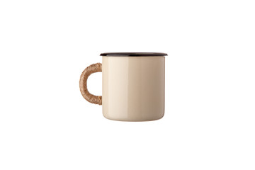 Metal travel mug with thermal insulation on the handle. Convenient unbreakable cup for hot and cold drinks isolate on a white back