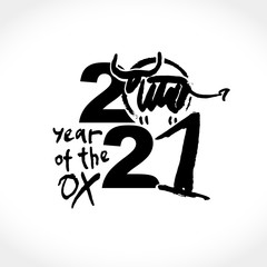 Year of the Ox on the Chinese calendar. Calligraphy symbol of the year 2021. Vector element for New Year's design in flat style. Illustration of 2021 year of the Ox.
