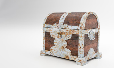 Rusty old treasure box or wooden treasure chest. Isolated on white background and wallpaper. 3D Render.