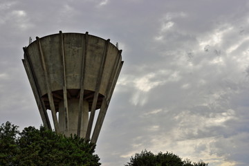 A image of a concrete water tower in Wiltshire, England.