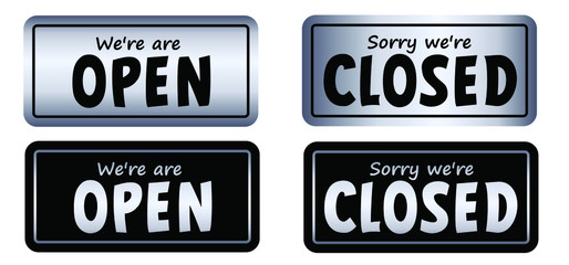 Open and closed board signs The sign is openly close, green and red label Vector hanging tags icons Come In, We're or We are Open Sorry we're closed signboard office or store market old door icons