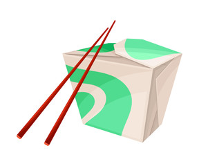 Carton Box with Chinese Noodle Inside and Chopsticks Vector Illustration
