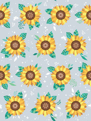 Vector sunflowers seamless pattern on light gray background.