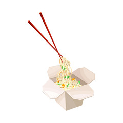 Open Cardboard Box with Chopsticks and Chinese Udon Noodle Vector Illustration