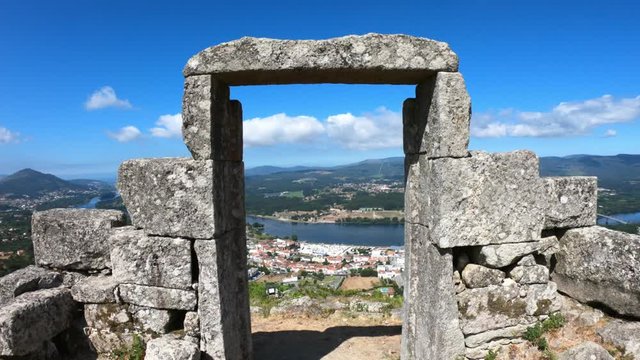 SLOW MO The Porta do Ceu (Heaven's Door) or the Espirito Santo viewpoint at the Gavea Hill in Vila Nova de Cerveira. The remaining ruins of the Esp&iacute;rito Santo Chapel facing the Minho River and Spain.