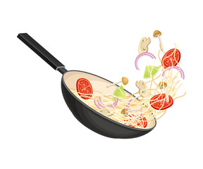 Chinese Udon Noodle Preparation with Stir-frying in Wok Pan Vector Illustration