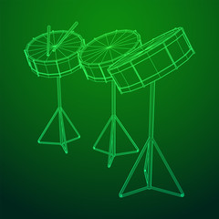 Fototapeta na wymiar Musical instruments set. Rock band kit. Percussion musical instrument drum and stick. Wireframe low poly mesh vector illustration.
