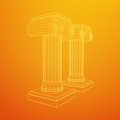 Greek ionic column. Ancient pillars roman antique architecture construction decoration. Wireframe low poly mesh vector illustration.