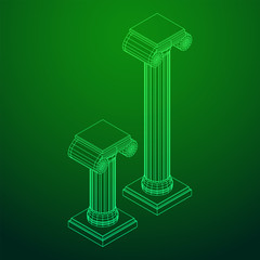 Greek ionic column. Ancient pillars roman antique architecture construction decoration. Wireframe low poly mesh vector illustration.