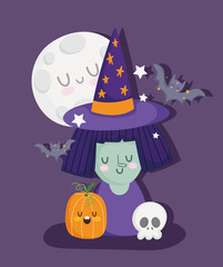 happy halloween, cartoon witch with skull pumpkin bat and moon trick or treat party celebration