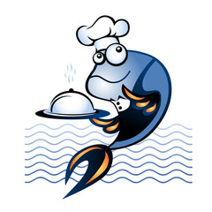 Fish cook. A character in an apron, a hat with a tray.