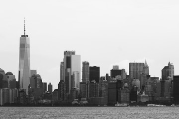 The New York City skyline in black and white.