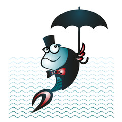 Fish gentleman with an umbrella in a tailcoat and a bow tie. 
