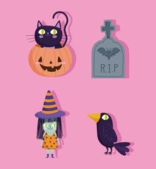 happy halloween, cat pumpkin witch tombstone raven trick or treat party celebration