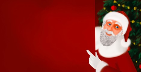 Santa Claus Wearing Holding Blank Advertisement Banner Red Background with Copy Space