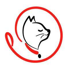Cat walking service logo in line style on round from leash. Happy kitty training icon. Walk pet symbol in black red vector outline illustration. Simple Cartoon animal logotype