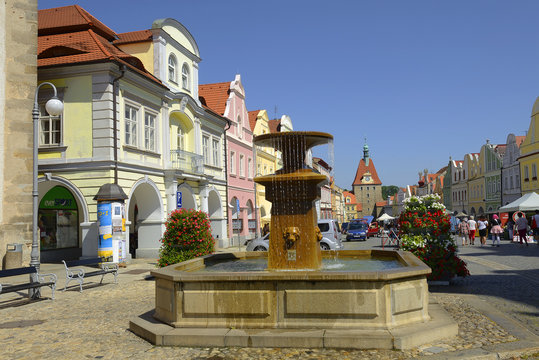 Historic houses on Peace Square in Domazlice, Bohemia, Czech Republic