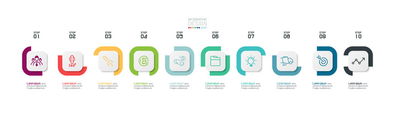 Ten boxes square with rounded corners design of vector use describe various work processes and plans, including reporting results.infographic.