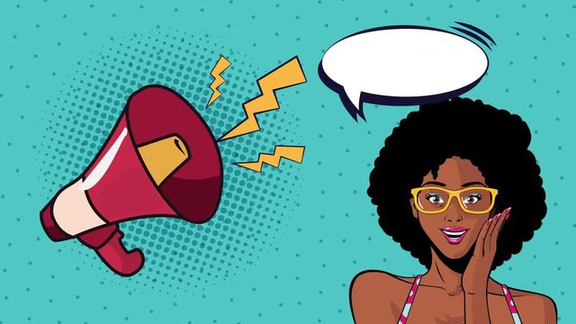pop art style animation with sexi afro woman and megaphone