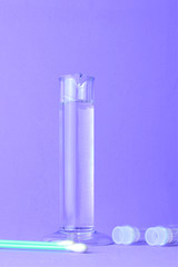 Chemistry laboratory instruments, specimen primary focus, outline with test tubes and medical swab, on blue background