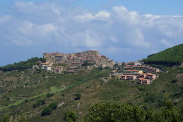 Fototapeta premium Isola del Giglio, Tuscany (Italy): panoramic view of Castello village on top of a hill