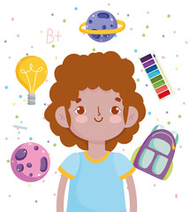 back to school, student boy watercolor palette rucksack elementary education cartoon