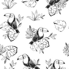 Ink toucan bird and tropical leaves seamless pattern white background print sketch vector