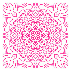 Ornament of pink silhouette flowers, twisted leaves in a square. Print for the cover of the book, postcards, t-shirts. Illustration for rugs.