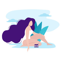 Depilation, hair removal methods, epilation. Spa, body and skin care concept. Girl with long dark hair in the leaves. Natural beauty, self love. Isolated vector illustration