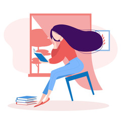 Book lovers, literature fan. Elegant girl reading with enthusiasm, floating in the air. Young woman studying, preparing to exam. Isolated vector illustration