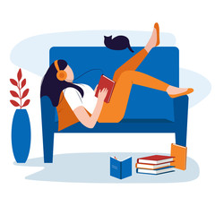 Fototapeta premium Audiobook, education and knowledge. Girl chilling on the sofa, holding a book and listening to a lecture or podcast through headphones. Woman resting. Isolated vector illustration