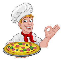A chef cook man cartoon character giving a perfect or okay chefs hand sign and holding a pizza.