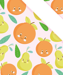 Fototapeta premium cute food pattern design, fresh cute orange and pear fruits
