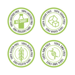 Lactose free, Sugar free, Gluten free, GMO free vector stamp for food emblems designs, can be used as stamps, seals, badges, for packaging etc.