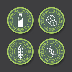 Lactose free, Sugar free, Gluten free, GMO free vector stamp for food emblems designs, can be used as stamps, seals, badges, for packaging etc.