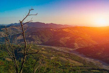 Panoramic View of Dry River caused by the Global Warming in the South of Italy. Scenic landscape at sunrise in the South of Italy