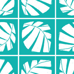 Mono print style tropical leaves seamless vector pattern background. Backdrop with textured cut out foliage in tiled geometric layout. Aqua blue white painterly design. Modern abstract repeat