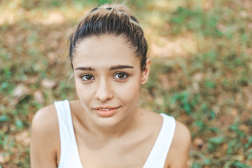 Happiness beautiful woman yoga exercise smile portrait at garden park.