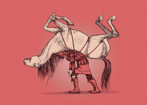 The soldier drags the horse on his back. Self made. CMYK.