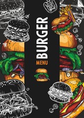 Fast food bitmap sketch colorful banners. Design templates with hand-drawn hamburger, sandwich, French fries