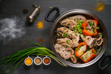 healthy food steamed chicken with mushrooms and vegetables 