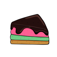 Cake with layeres with chocolate on a top on white background
