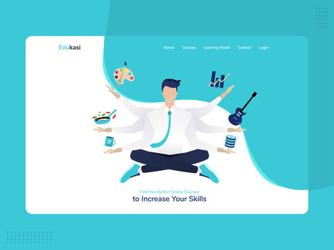 Hero Image for an online course website or online education website. Multitalented and Multitasking Student. He is posing yoga with various skill icons that he can